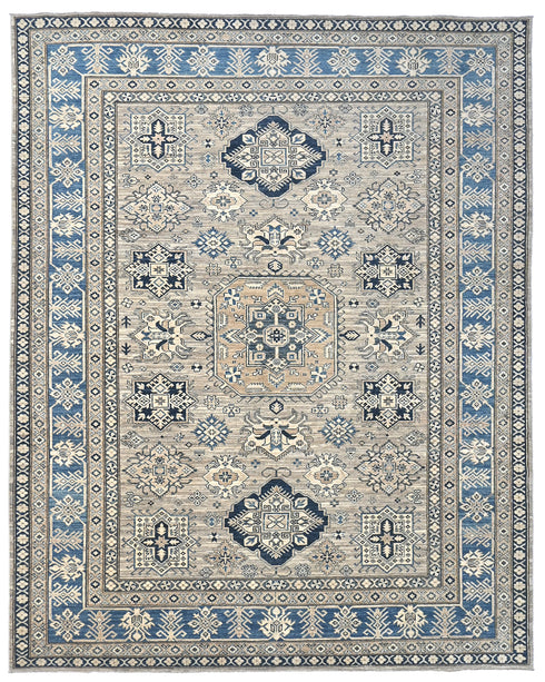 8x10 Gray Kazak Afghan Hand Knotted Geometric Wool Area Rug