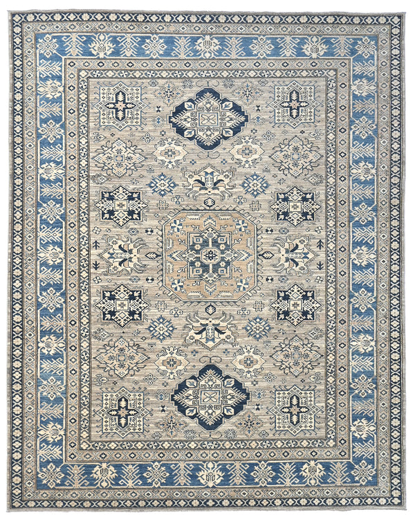 8x10 Gray Kazak Afghan Hand Knotted Geometric Wool Area Rug