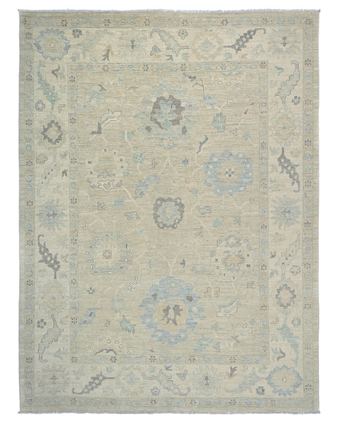 Alfombra Oushak de lana turca anudada a mano en tonos beige, estilo oriental, de 2,7 x 3,6 m