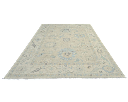 Alfombra Oushak de lana turca anudada a mano en tonos beige, estilo oriental, de 2,7 x 3,6 m