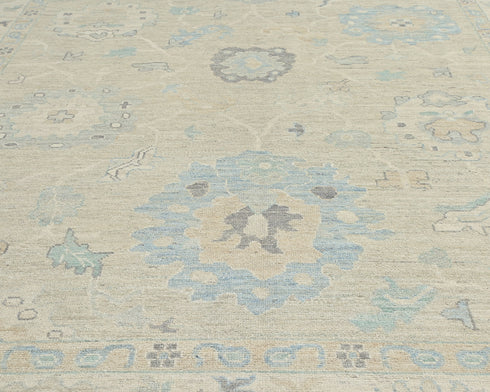 Alfombra Oushak de lana turca anudada a mano en tonos beige, estilo oriental, de 2,7 x 3,6 m