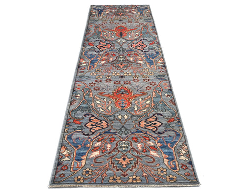 10 Ft Gray Aryana Afghan Hand Knotted Veg Dye Wool Runner Rug
