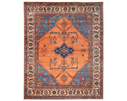 8x10 Orange Blue Aryana Afghan Hand Knotted Veg Dye Wool Area Rug