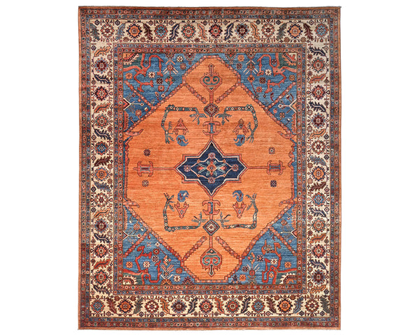 8x10 Orange Blue Aryana Afghan Hand Knotted Veg Dye Wool Area Rug