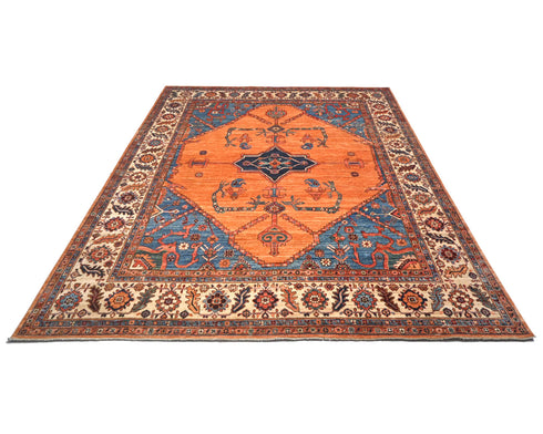 8x10 Orange Blue Aryana Afghan Hand Knotted Veg Dye Wool Area Rug