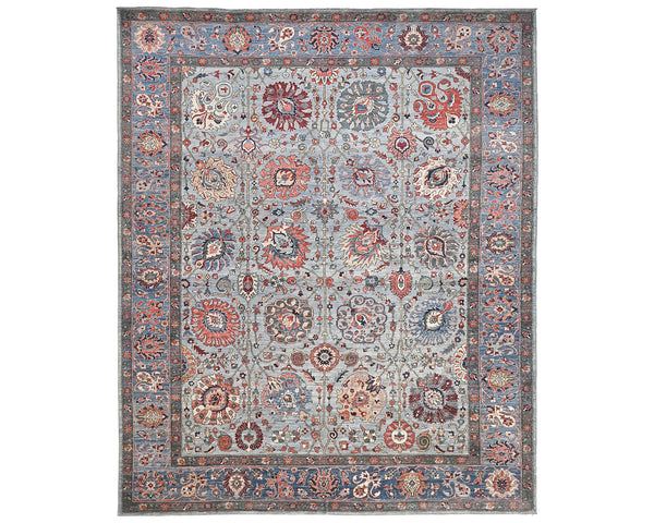 Alfombra afgana Aryana de lana teñida con tinte vegetal, anudada a mano, de 9 x 12 pulgadas, color gris y azul