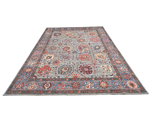 Alfombra afgana Aryana de lana teñida con tinte vegetal, anudada a mano, de 9 x 12 pulgadas, color gris y azul