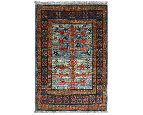 2x3 Blue Ersari Afghan Hand Knotted Veg Dye Wool Area Rug