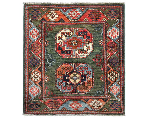 Alfombra afgana de lana teñida vegetal anudada a mano Ersari verde de 3x4