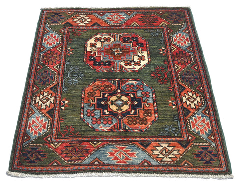 Alfombra afgana de lana teñida vegetal anudada a mano Ersari verde de 3x4