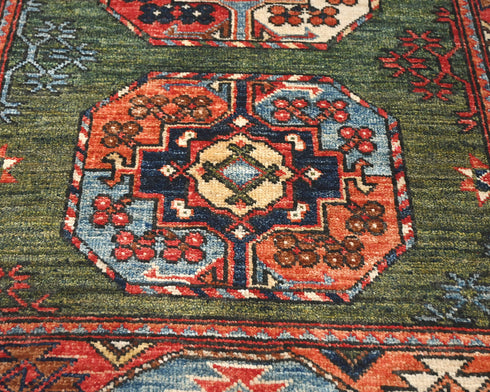 Alfombra afgana de lana teñida vegetal anudada a mano Ersari verde de 3x4