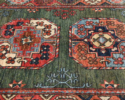 Alfombra afgana de lana teñida vegetal anudada a mano Ersari verde de 3x4