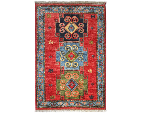3x4 Red Blue Ersari Afghan Hand Knotted Veg Dye Wool Area Rug