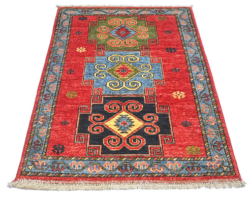 3x4 Red Blue Ersari Afghan Hand Knotted Veg Dye Wool Area Rug