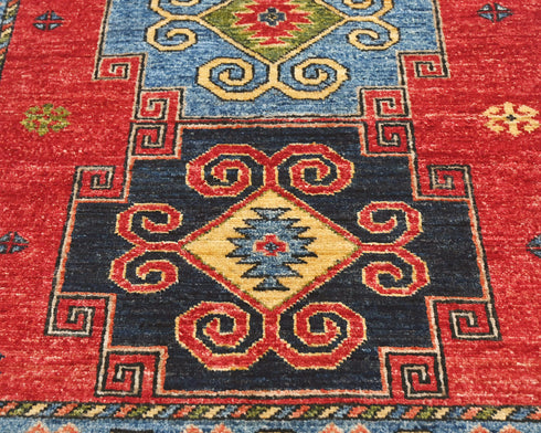 3x4 Red Blue Ersari Afghan Hand Knotted Veg Dye Wool Area Rug