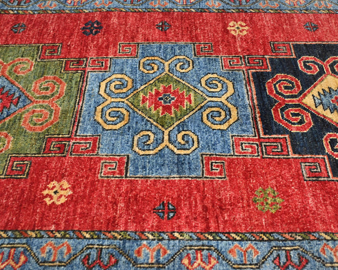 3x4 Red Blue Ersari Afghan Hand Knotted Veg Dye Wool Area Rug