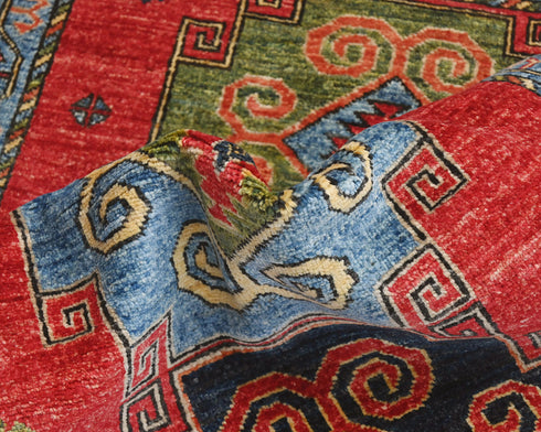 3x4 Red Blue Ersari Afghan Hand Knotted Veg Dye Wool Area Rug