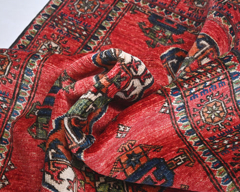 Alfombra afgana de lana teñida vegetal anudada a mano Ersari roja de 3x5