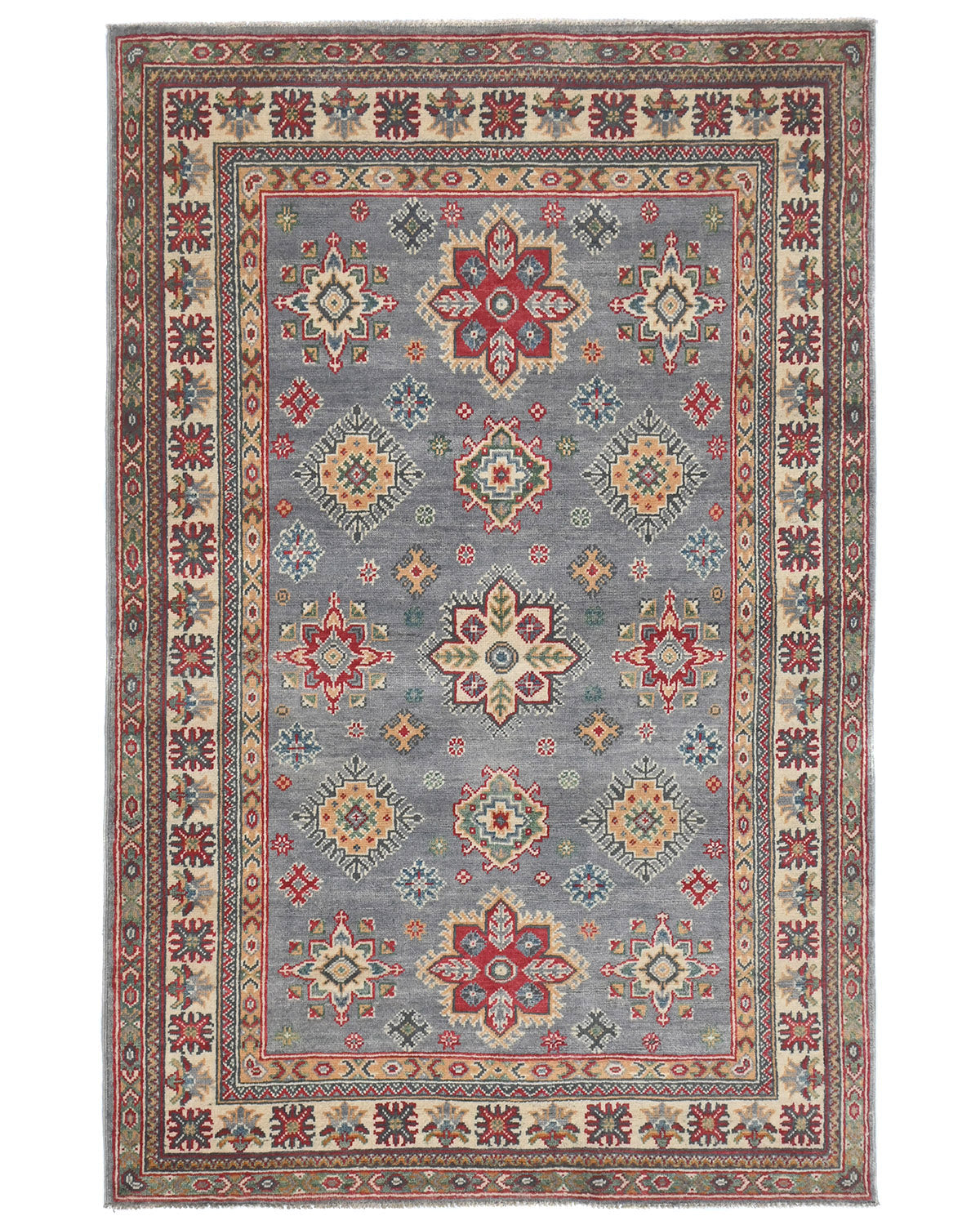 4x6 Gray Kuba Afghan Hand Knotted Wool Area Rug
