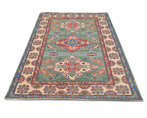4x6 Green Kuba Afghan Hand Knotted Wool Area Rug
