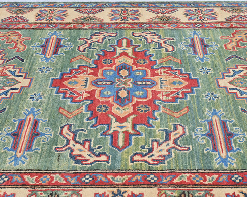 4x6 Green Kuba Afghan Hand Knotted Wool Area Rug