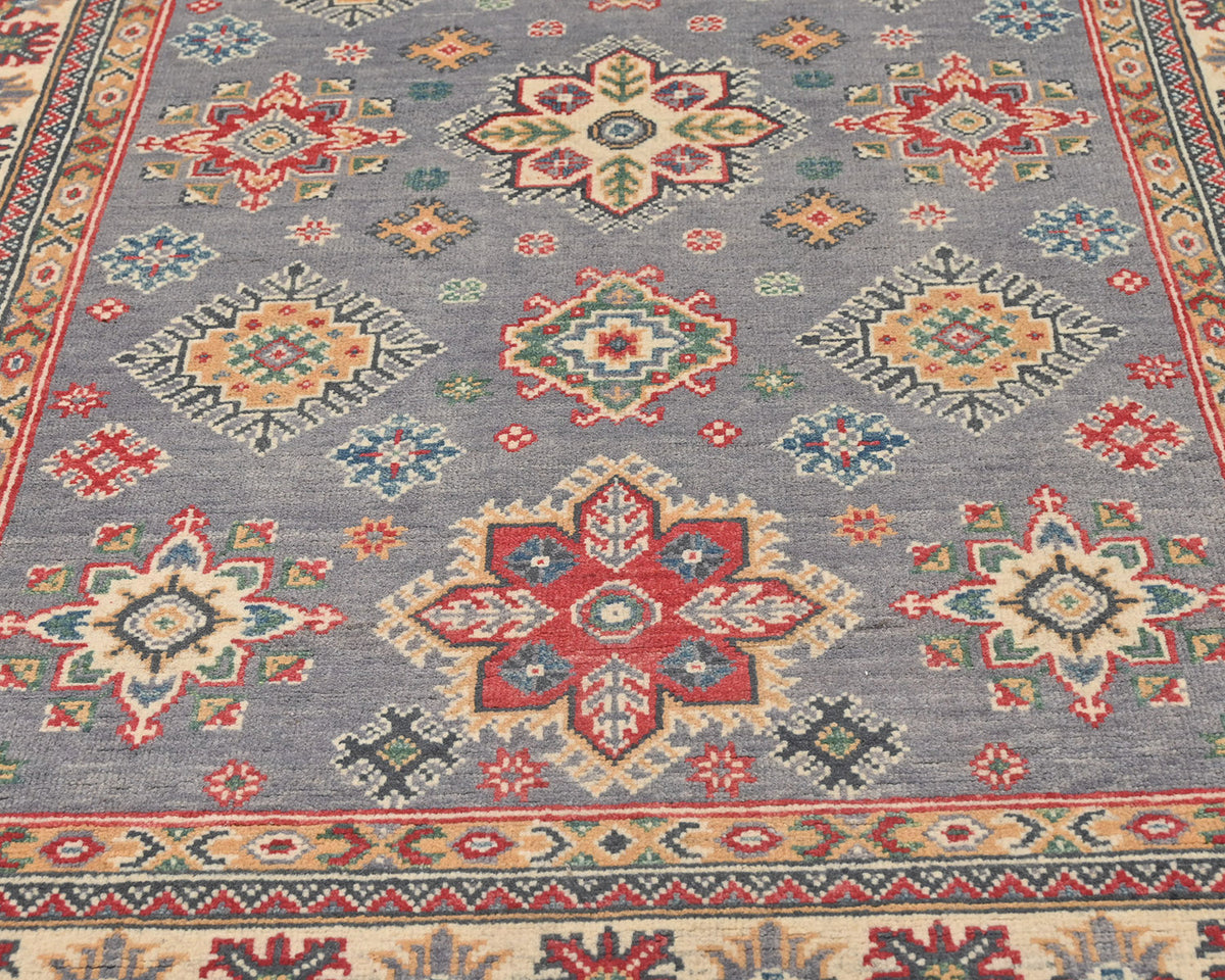 4x7 Gray Kuba Afghan Hand Knotted Wool Area Rug