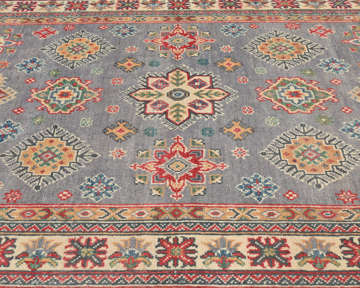 4x7 Gray Kuba Afghan Hand Knotted Wool Area Rug