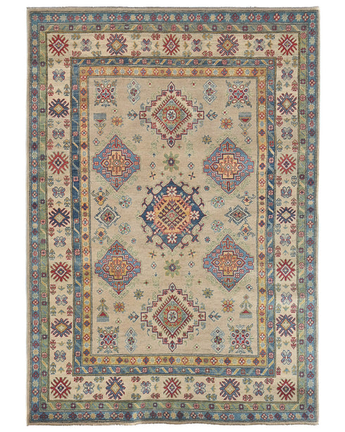 6x8 Beige Kuba Afghan Hand Knotted Wool Area Rug
