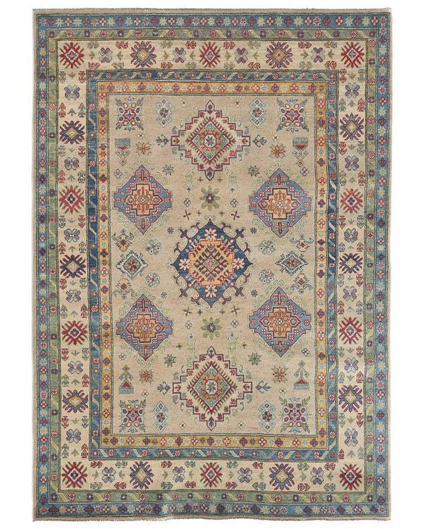6x8 Beige Kuba Afghan Hand Knotted Wool Area Rug