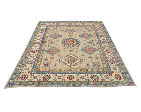 6x8 Beige Kuba Afghan Hand Knotted Wool Area Rug