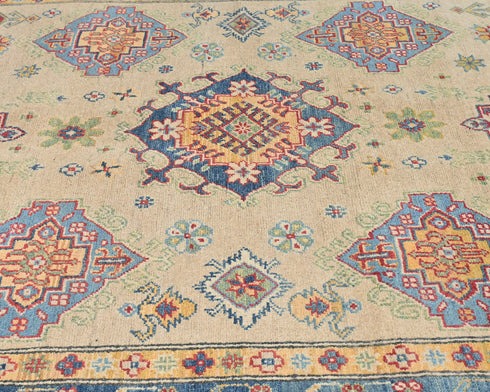 6x8 Beige Kuba Afghan Hand Knotted Wool Area Rug