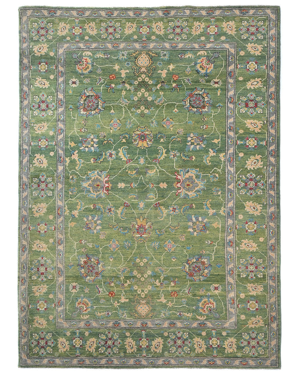 6x8 Green Kuba Afghan Hand Knotted Wool Area Rug