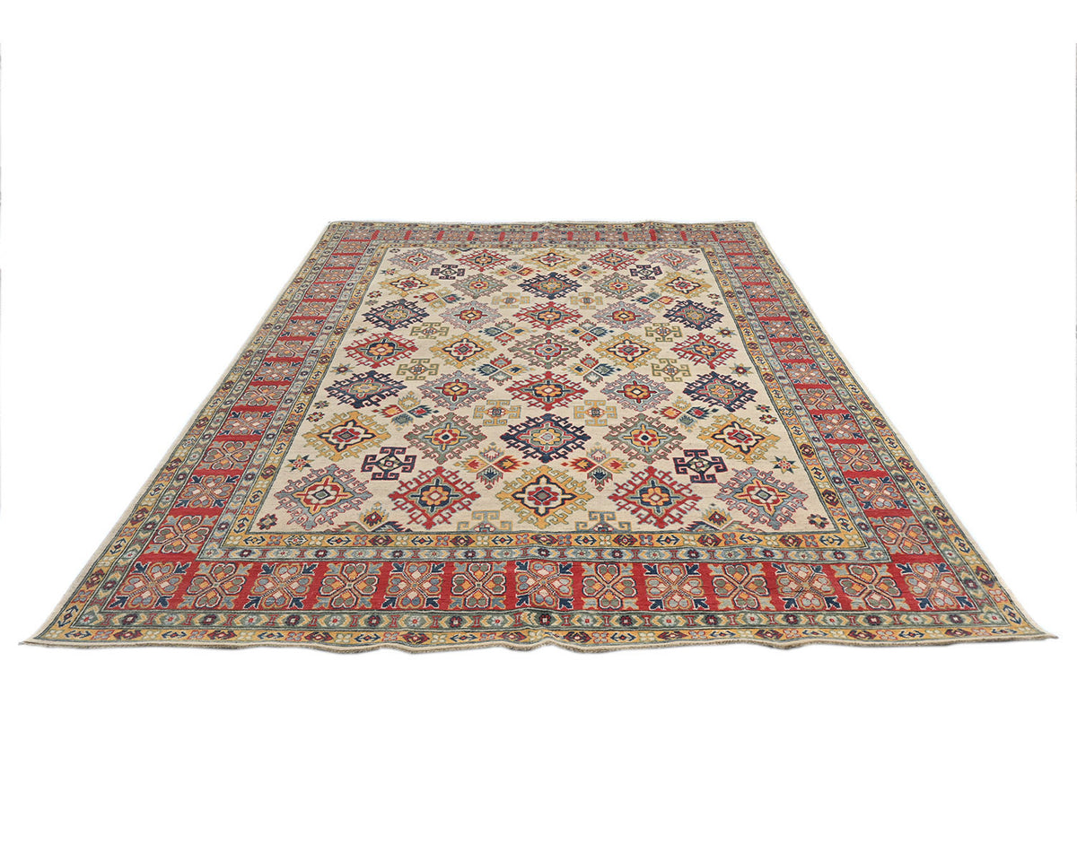 Alfombra afgana Kuba beige de lana anudada a mano de 8 x 10 pulgadas