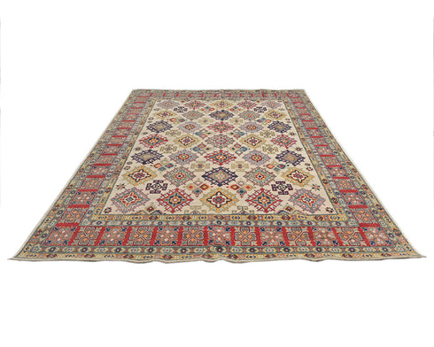 8x10 Beige Kuba Afghan Hand Knotted Wool Area Rug