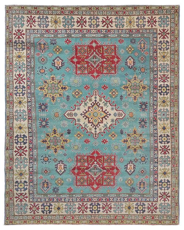 8x10 Green Kuba Afghan Hand Knotted Wool Area Rug