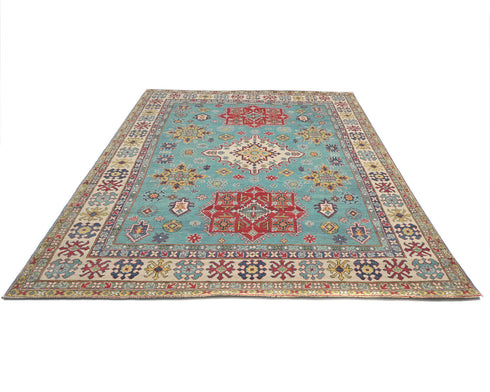 8x10 Green Kuba Afghan Hand Knotted Wool Area Rug