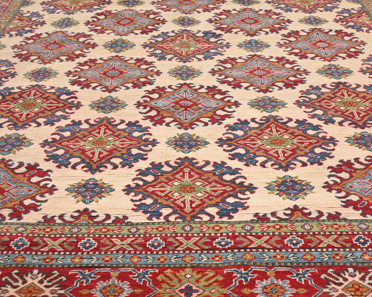 Alfombra afgana Kuba beige de lana anudada a mano de 9 x 12 pulgadas