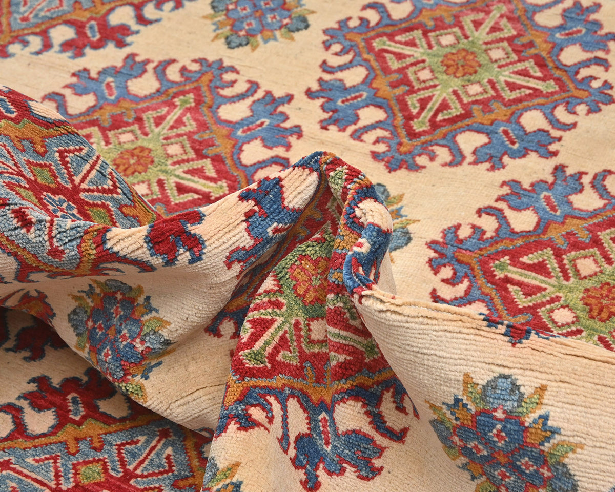 Alfombra afgana Kuba beige de lana anudada a mano de 9 x 12 pulgadas