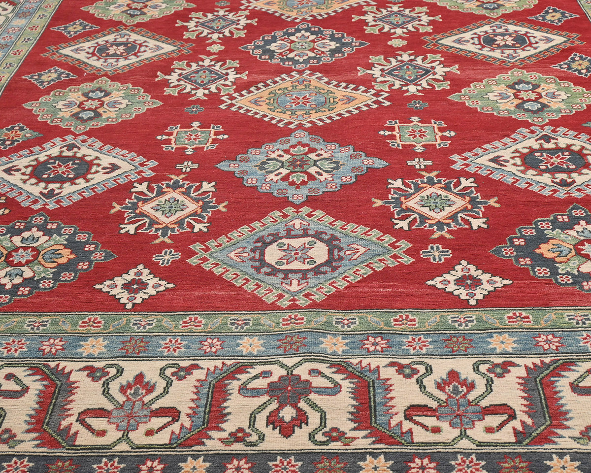 Alfombra afgana Kuba roja de lana anudada a mano de 9 x 12 pulgadas