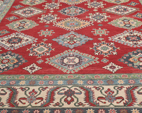 9x12 Red Kuba Afghan Hand Knotted Wool Area Rug