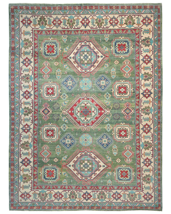 9x12 Green Kuba Afghan Hand Knotted Wool Area Rug