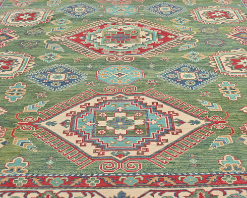 9x12 Green Kuba Afghan Hand Knotted Wool Area Rug