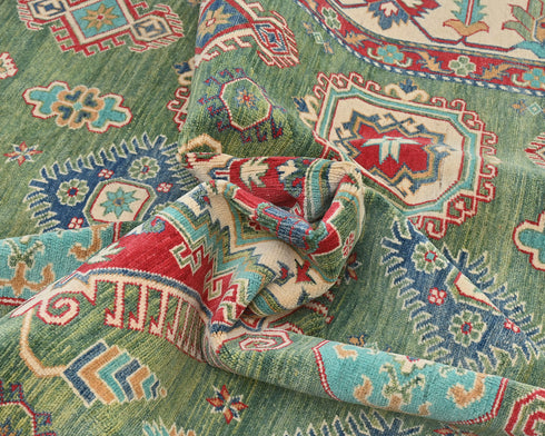 9x12 Green Kuba Afghan Hand Knotted Wool Area Rug