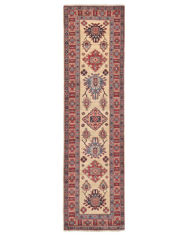 10 Ft Beige Kuba Afghan Hand Knotted Wool Runner Rug