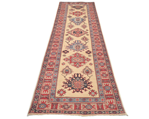 10 Ft Beige Kuba Afghan Hand Knotted Wool Runner Rug