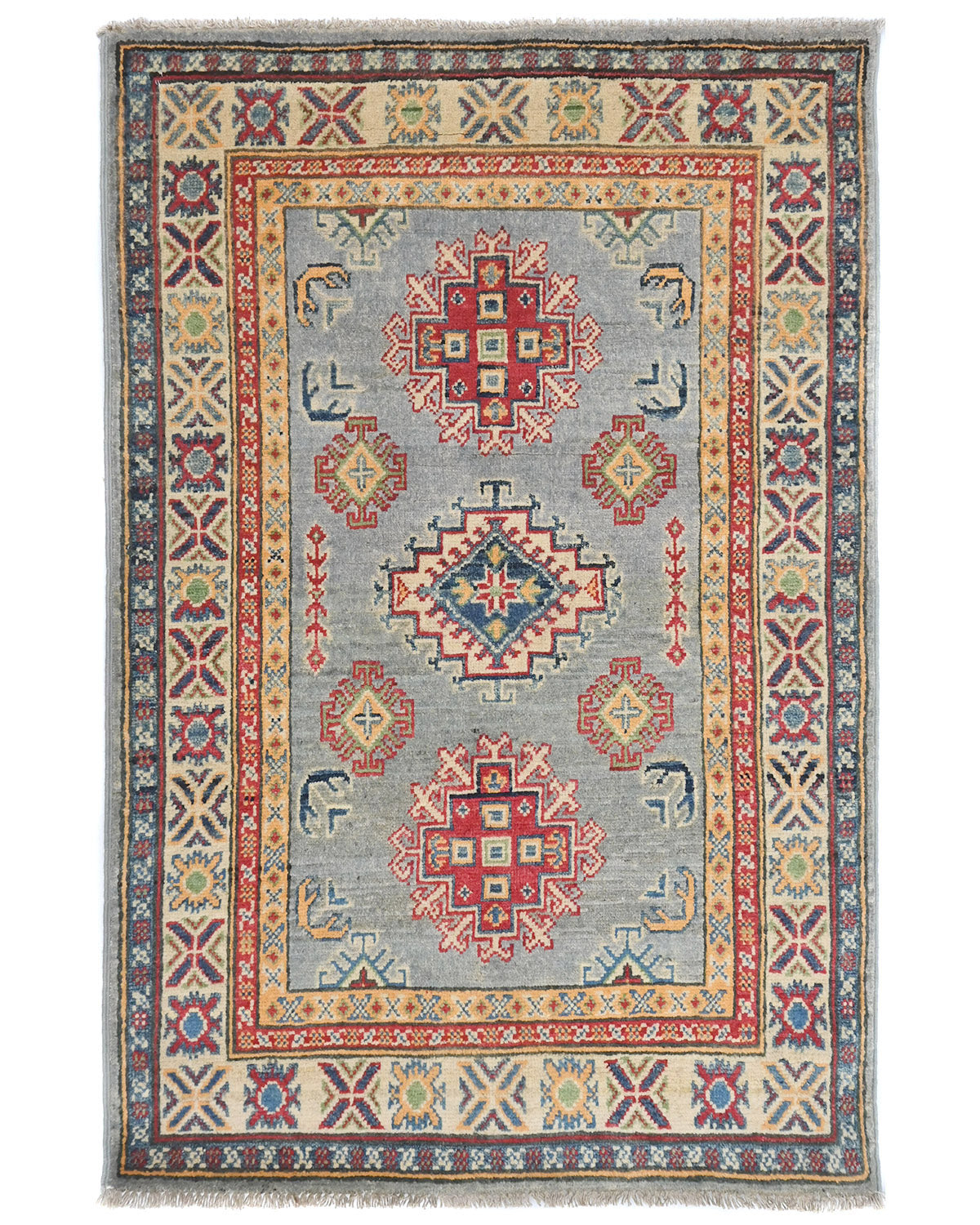 3x4 Gray Kuba Afghan Hand Knotted Wool Area Rug