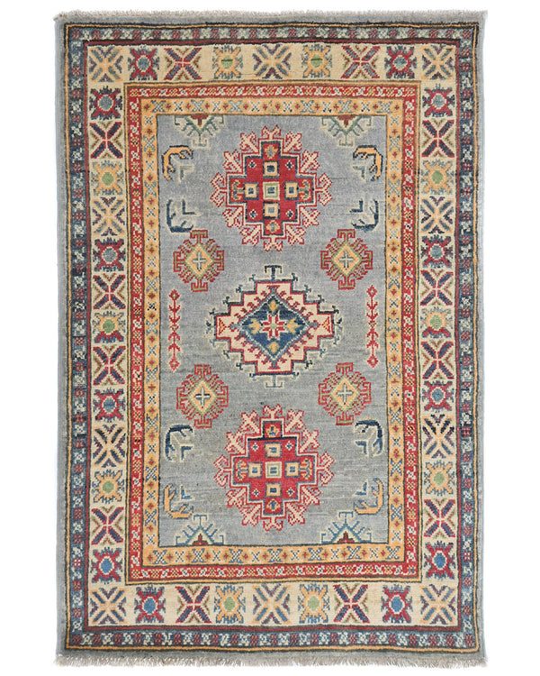 3x4 Gray Kuba Afghan Hand Knotted Wool Area Rug