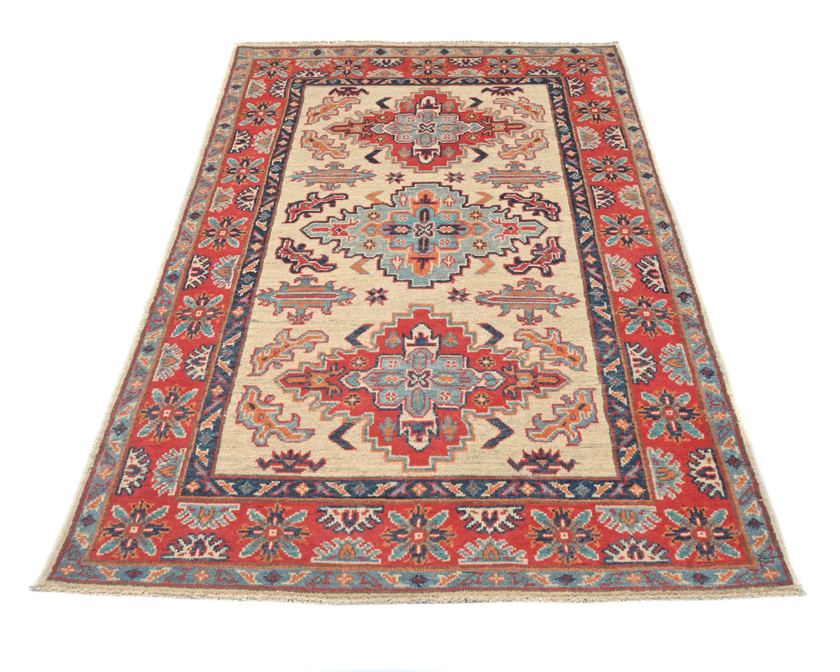 3x5 Beige Kuba Afghan Hand Knotted Wool Area Rug
