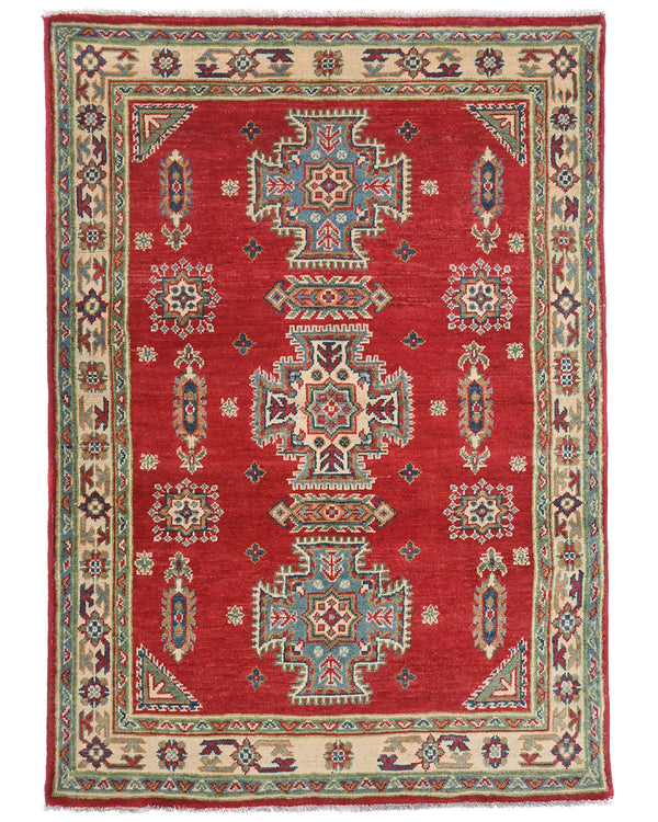 3x5 Red Kuba Afghan Hand Knotted Wool Area Rug