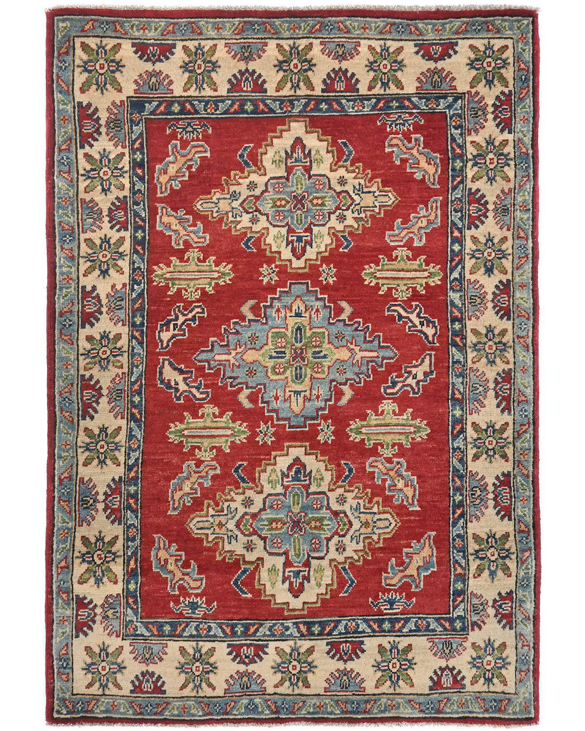 3x5 Red Kuba Afghan Hand Knotted Wool Area Rug